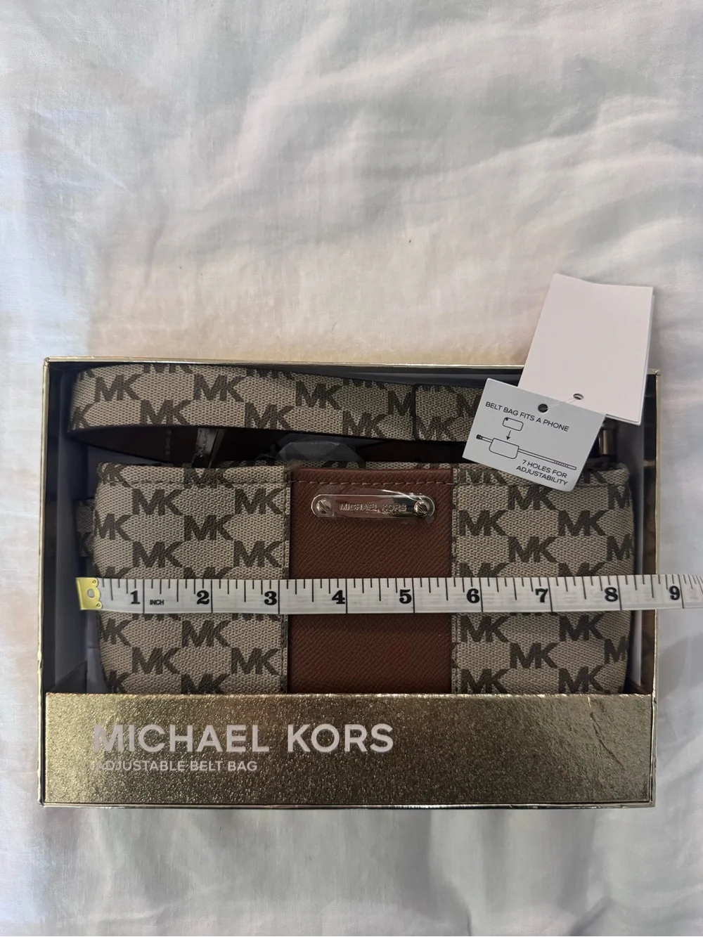 Michael Kors Beige MK Monogram Crossbody Belt Bag with Brown Trim